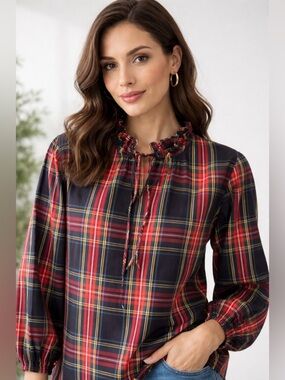 J. Crew Red Tartan Plaid Ruffle-Trim Woven Top Long Sleeve Elastic Cuffs  Sz. S